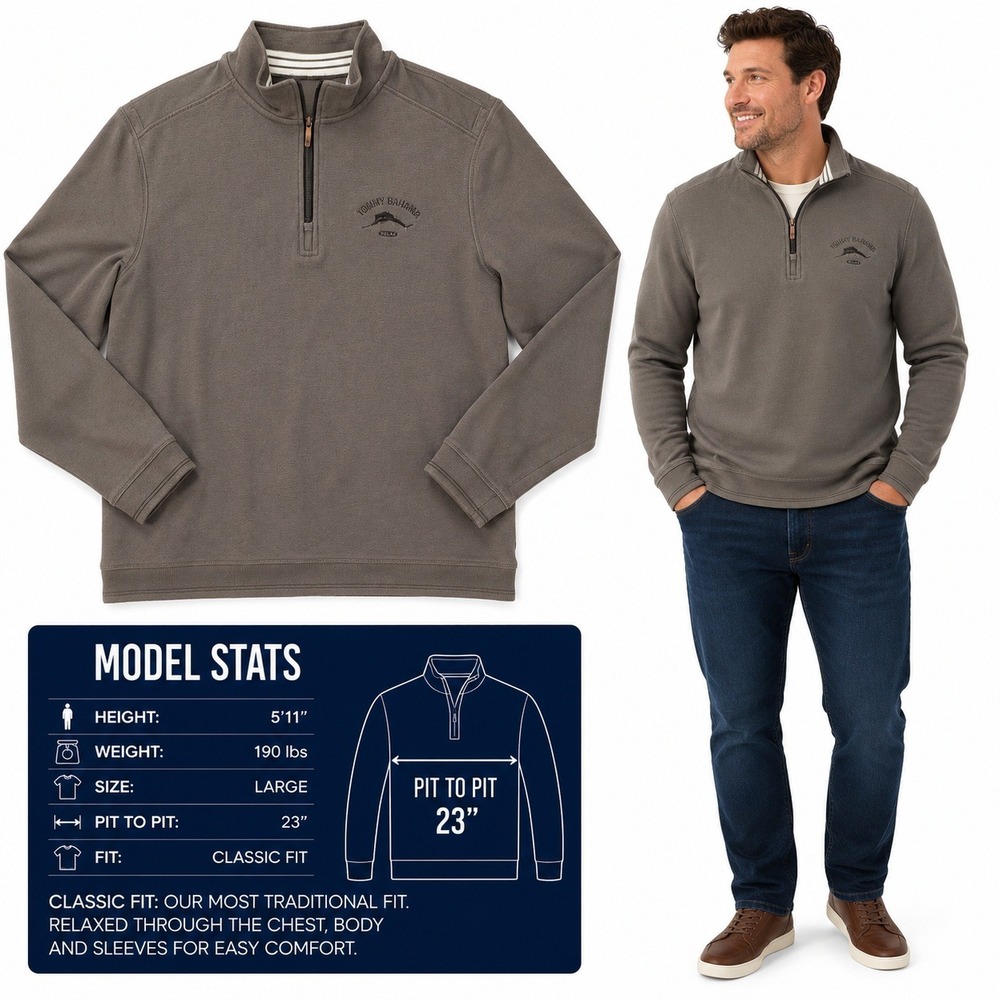 Tommy Bahama Relax Mens Large‎ Taupe Brown 100% Cotton Quarter Zip Pullover